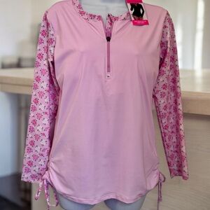 BETSEY JOHNSON RASH GUARD SWIM TOP. LONG SLEEVE UPF 50. SIZE M PINK FLORAL